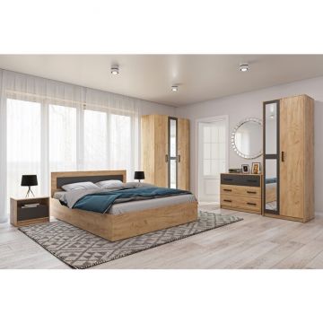 Dormitor Viva, set complet mobilier dormitor, dulap spațios, pat și noptiere incluse, structură PAL melaminat + MDF, 209x120x50 cm, Gold Craft