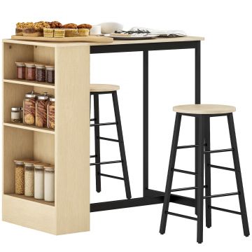HOMCOM Set masă de bar cu tabureți, compartimente deschise, raft reglabil și suporturi pentru picioare, stejar și negru | Aosom Romania HOMCOM Set masă de bar cu tabureți, compartimente deschise, raft reglabil și suporturi pentru picioare, stejar și negru | Aosom Romania
