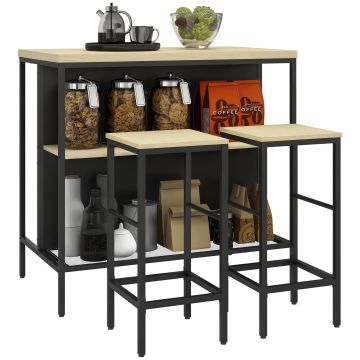 HOMCOM Set masă de bar și 2 taburete de stil industrial cu raft de depozitare, suporturi pentru picioare, metal negru și aspect lemn | Aosom Romania HOMCOM Set masă de bar și 2 taburete de stil industrial cu raft de depozitare, suporturi pentru picioare, metal negru și aspect lemn | Aosom Romania