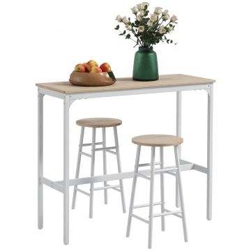 HOMCOM Set masă înaltă de bar + 2 taburete structură din oțel blat aspect lemn natural 2 persoane alb | Aosom Romania HOMCOM Set masă înaltă de bar + 2 taburete structură din oțel blat aspect lemn natural 2 persoane alb | Aosom Romania