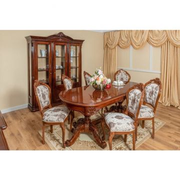 Masă Sonia ovală + 6 scaune Veneziana, lemn masiv fag, 200/276x100x80 cm, nuc