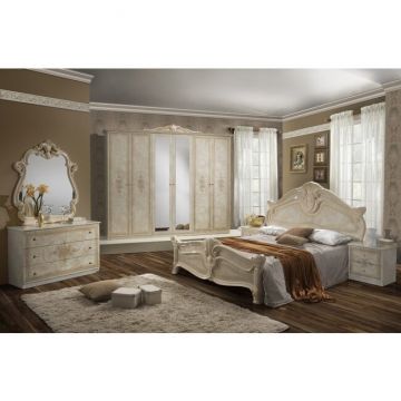 Set dormitor Amalfi Beige, design regal 3D, dulap 6 uși cu oglinzi, finisaje aurii, PAL melaminat, pat 160 cm, Bej