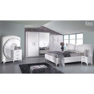 Set dormitor Antalya White, pat 160x200 cm, dulap 203x64x214 cm, comoda cu oglindă, 2 noptiere, alb
