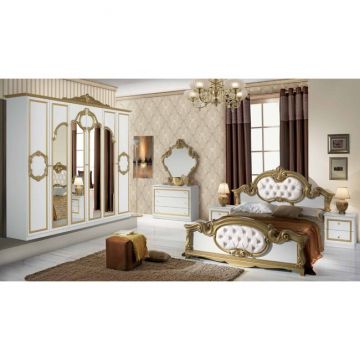 Set dormitor Barocco Bianco Gold 6A, design clasic, finisaje aurii, oglinzi frontale, PAL melaminat, pat 160 cm, Alb/Auriu