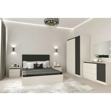 Set dormitor Monaco, design modern cu riflaje, PAL melaminat, dimensiuni variate, Casmir/Gri