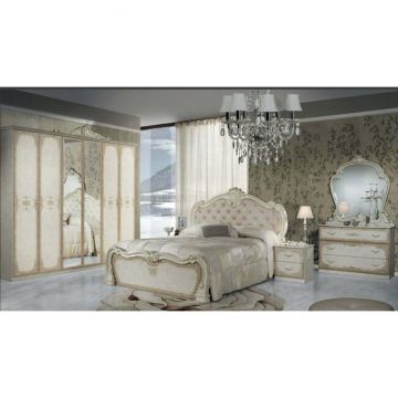 Set dormitor Tolouse Beige, set complet 5 piese, pat tapițat, dulap cu bară și polite, PAL melaminat, pat 160 cm, Bej
