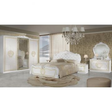 Set dormitor Vilma Bianco Gold, colecție completă cu detalii aurii, comoda cu oglindă, dulap spațios, PAL melaminat, pat 160 cm, Alb/Auriu