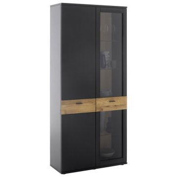 VITRINĂ in furniruit, masiv stejar gri, negru, culoare lemn stejar