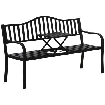 Bancă de Grădină Outsunny din Metal cu Măsuță Centrală Retractabilă, Bancă Loveseat pentru Terasă cu Șezut și Spătar cu Șipci, pentru 2–3 Persoane, Neagră | Aosom Romania