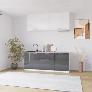 Bucatarie Love MDF lucios, 200 cm, Alb/Gri