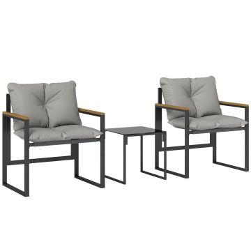 Outsunny Set de grădină 3 piese 2 locuri cu 2 fotolii 1 masă de cafea, blat din sticlă securizată și perne, gri | Aosom Romania