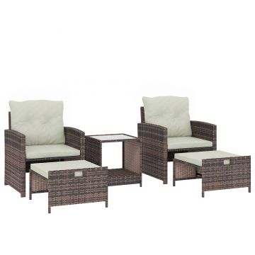 Outsunny Set de Mobilier de Grădină din Rattan 5 Piese, Set de Mobilier Exterior cu 2 Suporturi pentru Picioare, 2 Fotolii, Masă de Cafea cu 2 Niveluri, Perne, pentru Balcon, Terasă, Patio, Maro/Crem | Aosom Romania