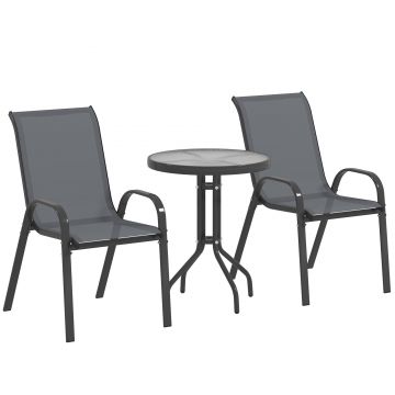 Outsunny Set Mobilier de Grădină din 3 Piese cu Scaune Suprapozabile și Masă din Sticlă, 54x71x93 cm, Gri Închis | Aosom Romania
