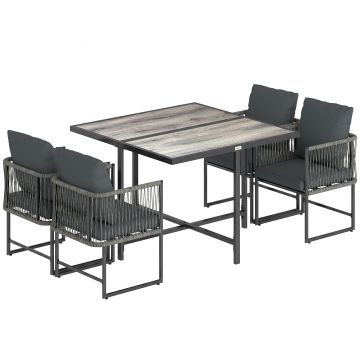 Outsunny Set mobilier grădină din polyrattan 5 piese, economisire de spațiu, set cu masă și 4 scaune, blat DPC, perne, gri | Aosom Romania
