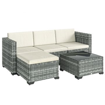 Outsunny Set mobilier grădină Polyrattan 5 piese, set lounge cu colțar, taburet, masă și perne pentru șezut și spate Gri+Cremeweiß | Aosom Romania