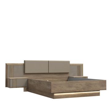 Pat 160x200 cm, 290,1/97,5/206,6 cm, bej, culoare lemn stejar