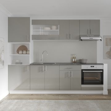 Set Bucatarie Karo V20, Gri Lucios/Alb, MDF, Blat Thermo 28 mm, L 260 cm