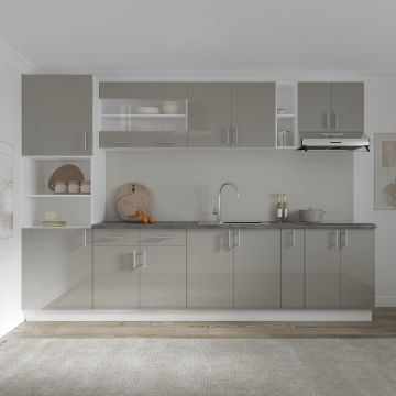 Set Bucatarie Karo V26, Gri Lucios/Alb, MDF, Blat Thermo 28 mm, L 300 cm
