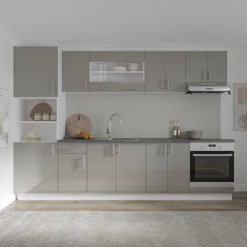 Set Bucatarie Karo V27, Gri Lucios/Alb, MDF, Blat Thermo 28 mm, L 300 cm