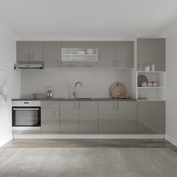 Set Bucatarie Karo V30, Gri Lucios/Alb, MDF, Blat Thermo 28 mm, L 320 cm