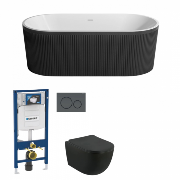 Set cada freestanding ovala 3D, vas wc rimless cu capac soft close, rezervor incastrat si clapeta neagra