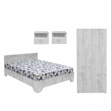 Set dormitor ALMA, 4 piese, pat 140x200 cm, dulap 2 usi, 2 noptiere, pin antichizat