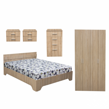 Set dormitor ALMA, 5 piese, pat 180x200 cm, dulap 4 usi, comoda, 2 noptiere, sonoma