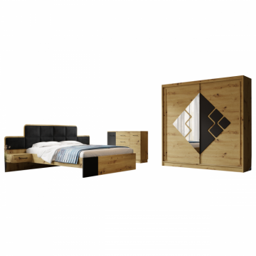 Set dormitor SNAKE, 3 piese, pat 160x200 cm cu noptiere, dulap usi glisante, comoda, artisan + negru