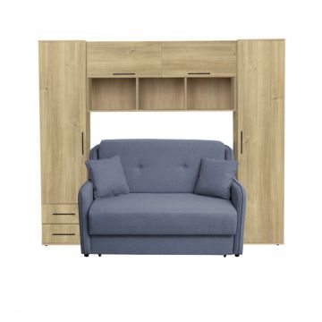 Set dormitor tineret YASMIN M1, 3 corpuri, stejar Belfast, 238x50x200 cm + Canapea GALA extensibila, 2 locuri, albastru, 143x98x98 cm