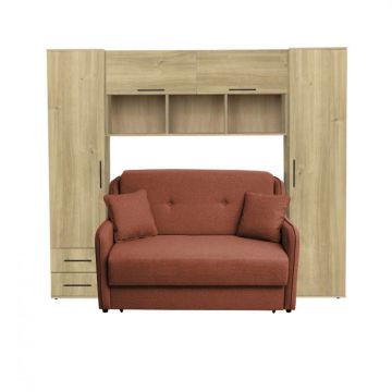 Set dormitor tineret YASMIN M1, 3 corpuri, stejar Belfast, 238x50x200 cm + Canapea GALA extensibila, 2 locuri, caramiziu, 143x98x98 cm