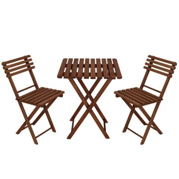 Set mobilier balcon sau terasa din lemn de fag, pliabil, masa 52x51x65 cm si 2 scaune, maro inchis