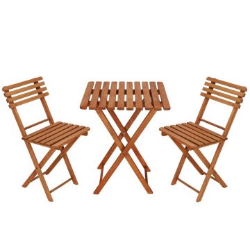 Set mobilier balcon sau terasa din lemn de fag, pliabil, masa 52x51x65 cm si 2 scaune, maro