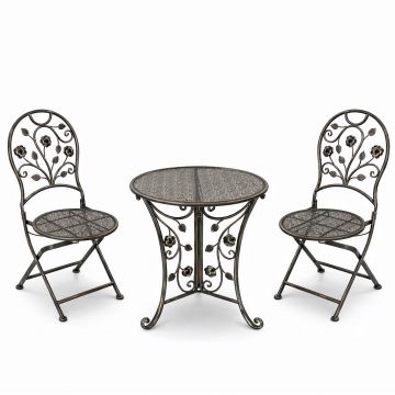 Set mobilier gradina metalic Madison, masa 70A-75 cm si 2 scaune 43x40x94 cm, stil vintage, bronz