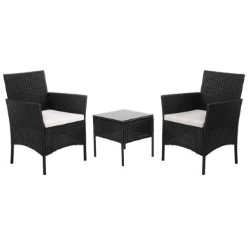 Set mobilier terasa, din tehnorattan, masa cu blat sticla securizata, 2 fotolii cu perne, negru