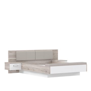Set Pat Cu Noptiere, alb lucios intens, culoare lemn stejar