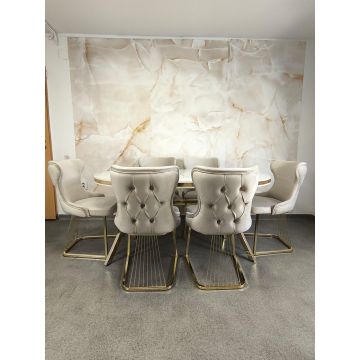 SET STELLA CREM CU AURIU MASA+6 SCAUNE, BLAT ALB
