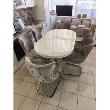 SET STELLA GRI/BEJ CU ARGINTIU MASA+6 SCAUNE, BLAT ALB