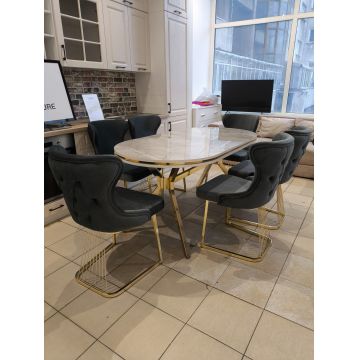 Set stella gri inchis/antracit cu auriu masa+ 6 scaune, blat gri