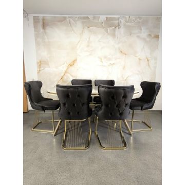 Set stella gri inchis/antracit cu auriu masa+ 6 scaune, blat gri