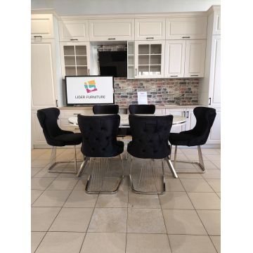 SET STELLA NEGRU CU ARGINTIU MASA+6 SCAUNE, BLAT ALB