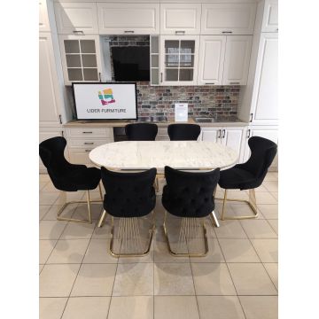 SET STELLA NEGRU CU AURIU MASA+6 SCAUNE, BLAT ALB