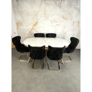 SET STELLA NEGRU CU AURIU MASA+6 SCAUNE, BLAT ALB
