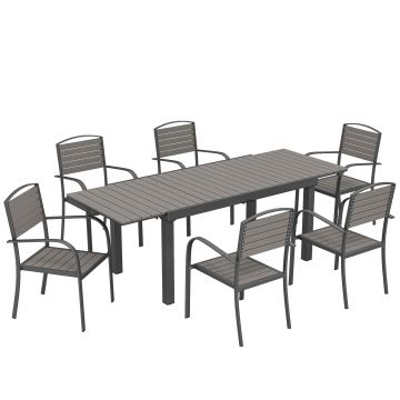 Outsunny Set mobilier grădină 7 piese Masă extensibilă cu 6 scaune Design lamele aspect lemn Cadru aluminiu | Aosom Romania