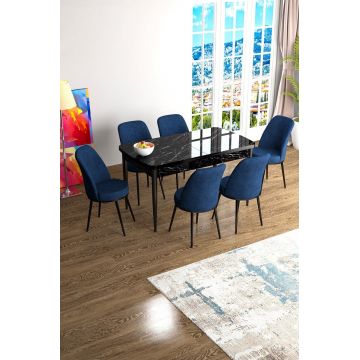 Set masa extensibila si scaune, Hanah Home, Han, Marmură neagră / Albastru marin